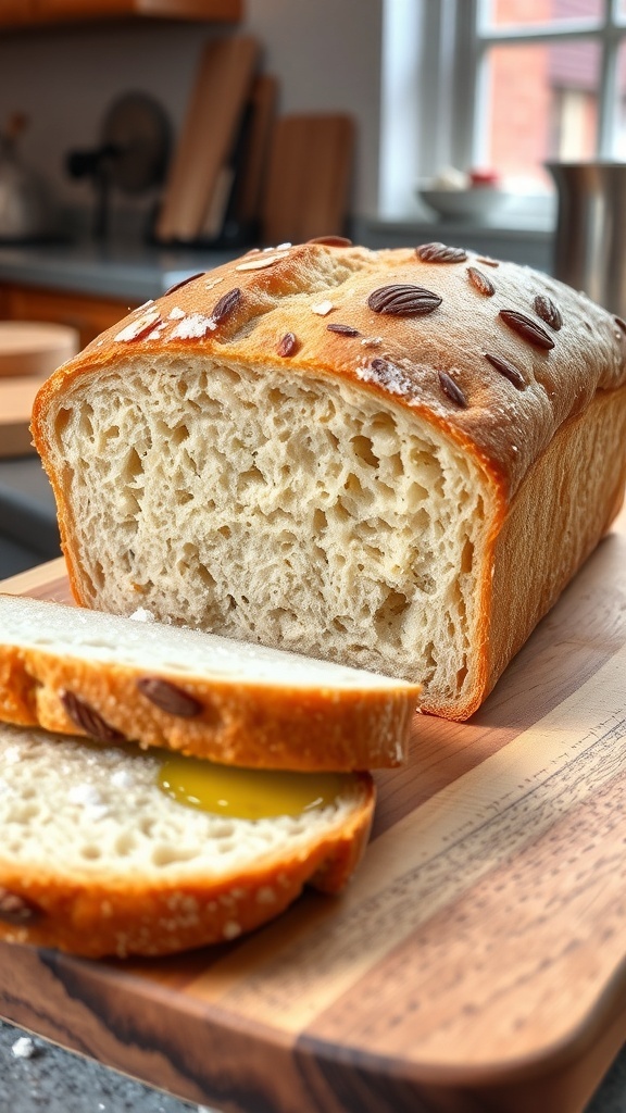 A loaf of almond flour sourdough bread sliced on a wooden board, with olive oil and salt on the side.